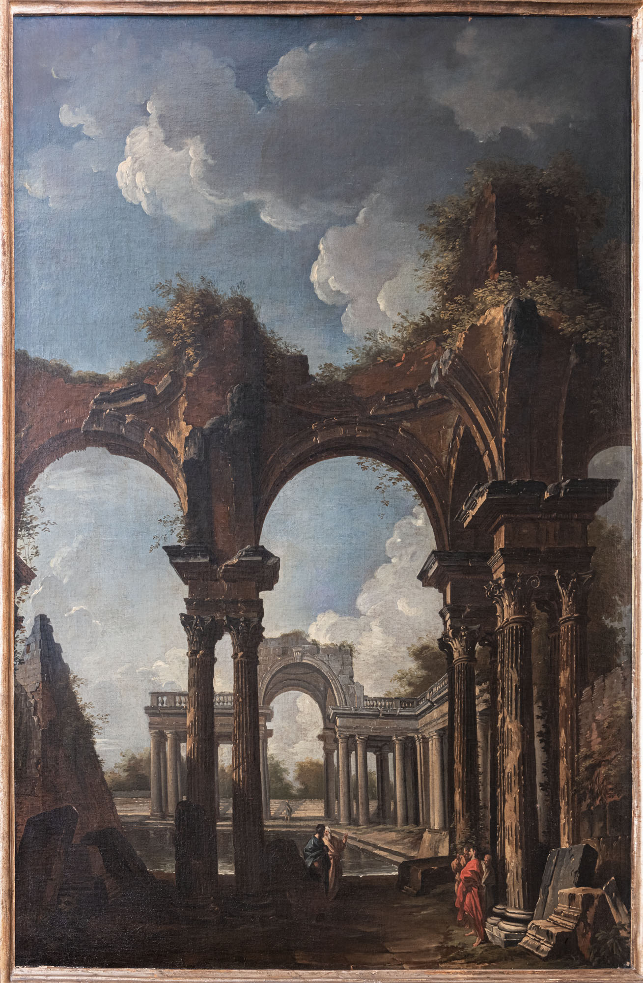 2. Giovanni Paolo Panini (Piacenza, 1691 - Roma, 1765), Rovine con figure, Olio su tela, cm. 165 x 130, Piacenza, Collezione Angelo Marchesi