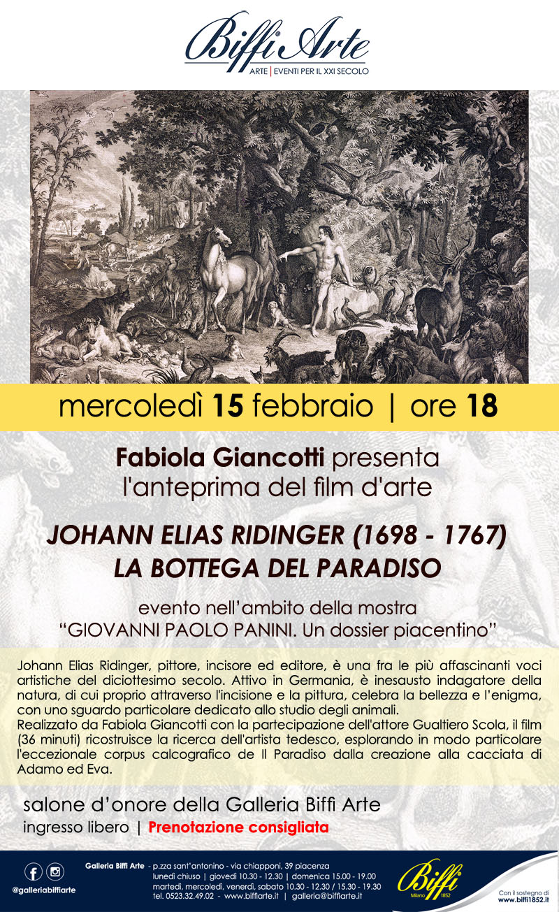 15 Febbraio 2023 - Fabiola Giancotti presenta l'anteprima del film d'arte-JOHANN ELIAS RIDINGER (1698 – 1767)-LA BOTTEGA DEL PARADISO