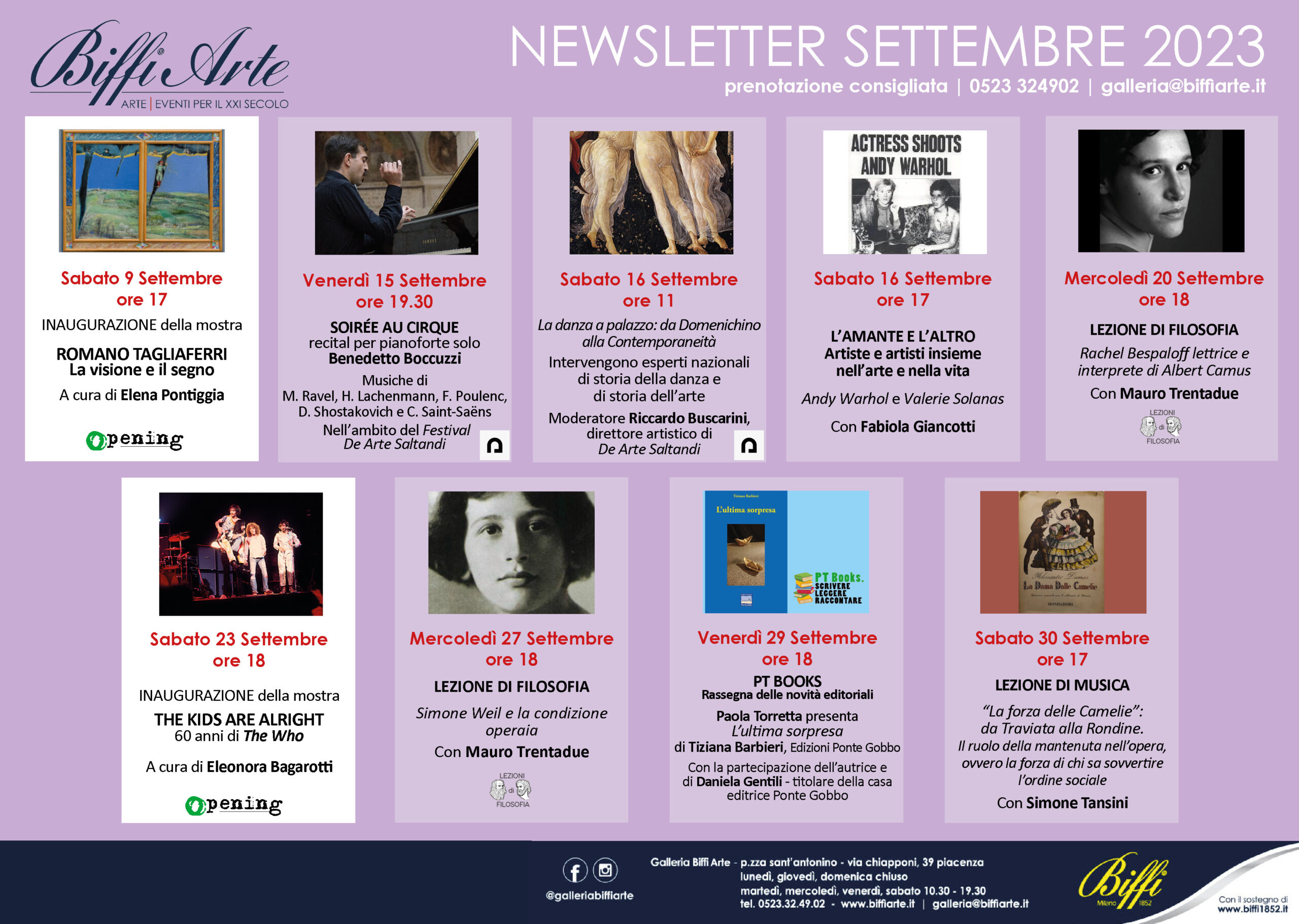 Newsletter Settembre 2023_Inaugurazioni ed eventi collaterali alle mostre della Galleria Biffi Arte