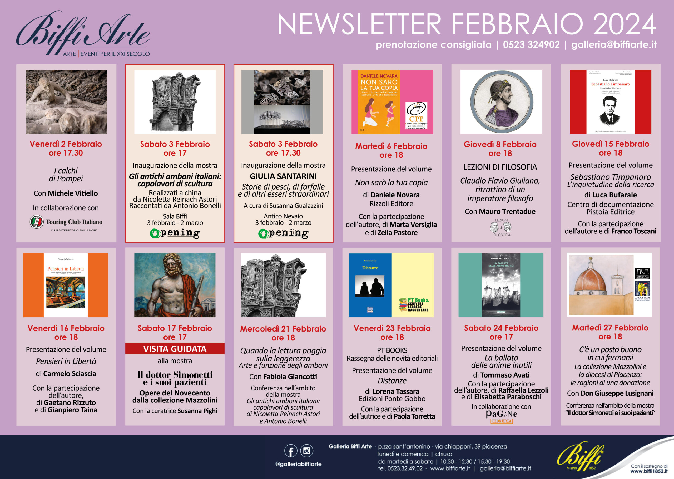 Newsletter FEBBRAIO 2024_Inaugurazioni e eventi collaterali alle mostre della Galleria Biffi Arte, Piacenza